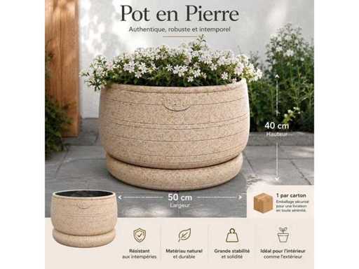 Conjunto de 6 vasijas de piedra robustas y elegantes – Altura 40 cm – Ancho 50 cm