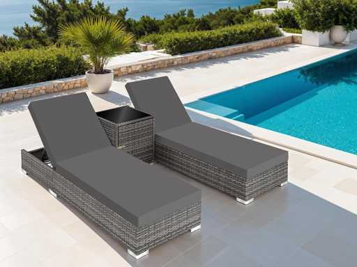 Lot de 2 bains de soleil en rotin et aluminium avec table et housse de protection - gris