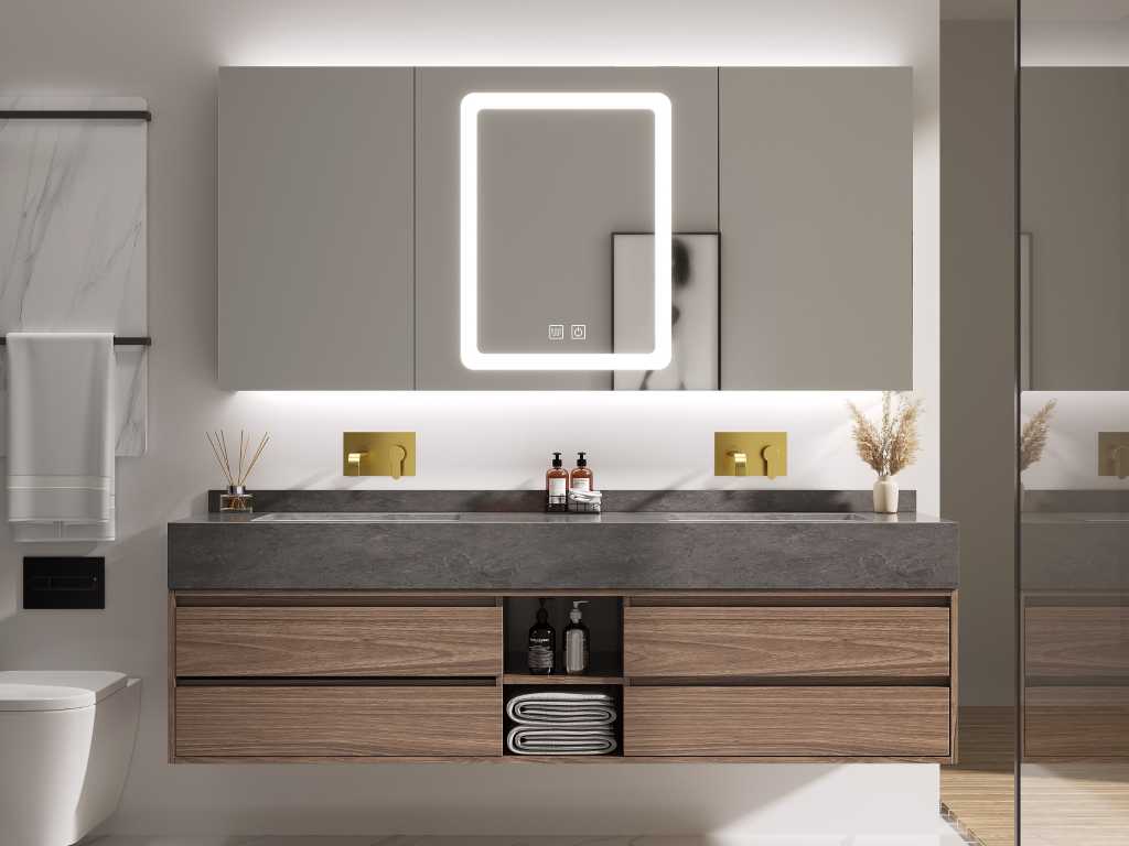 Meble łazienkowe 2-osobowe - 120 cm - Dekor drewna z umywalką z antracytowego marmuru - W zestawie baterie ścienne 