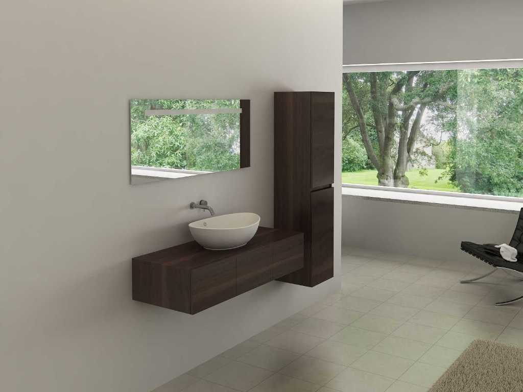 1-Persoons badkamermeubel -  1 zijkast - Donker hout decor. Afm. 1200x470x250mm