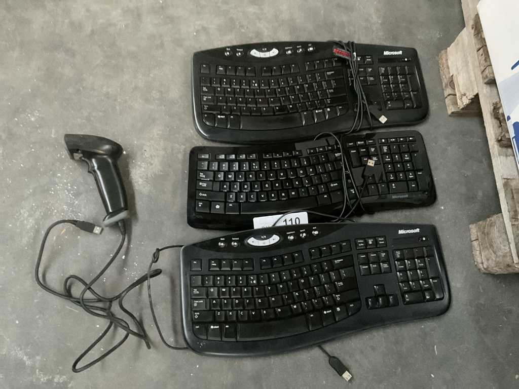 3 various MICROSOFT Keyboards and handheld scanner