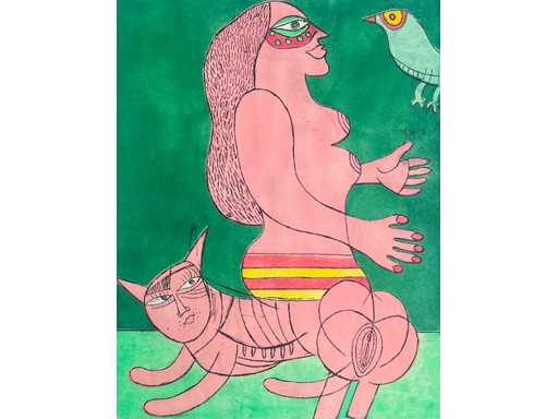 Corneille - femme et faune familière - gravure en couleur