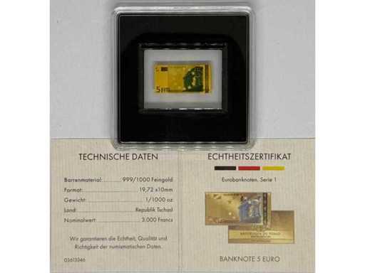 Or 999 (1/1000 oz) – Lingot miniature d’or de billet de 5 euros (design série Euro, République du Tchad), 19,72 × 10 mm.