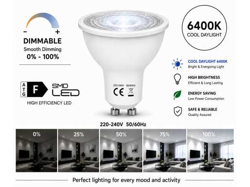 50 x LED Spot GU10 – 6W – Dimbaar – 6400K Koud Wit – IP20