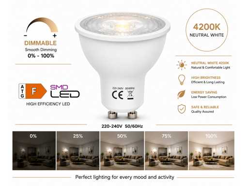 50 x LED Spot GU10 – 6W – Dimmable – 4200K Neutral White – IP20