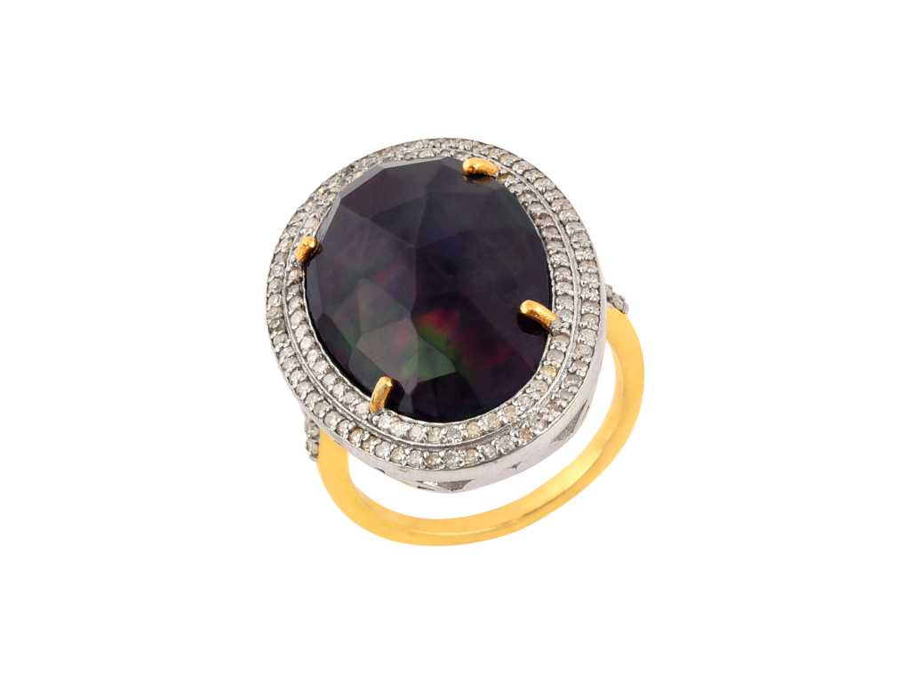 Ring 14kt Gold And Silver With Natural Diamonds And Black Opal