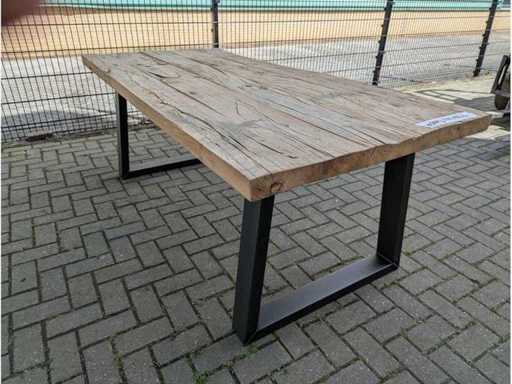 Garden table old Elm wood 210 x 100 x 78cm. Metal trapezoidal base