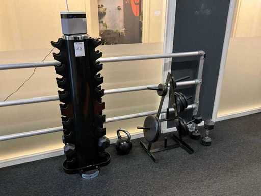 Lot of various dumbbells, dumbbells and racks