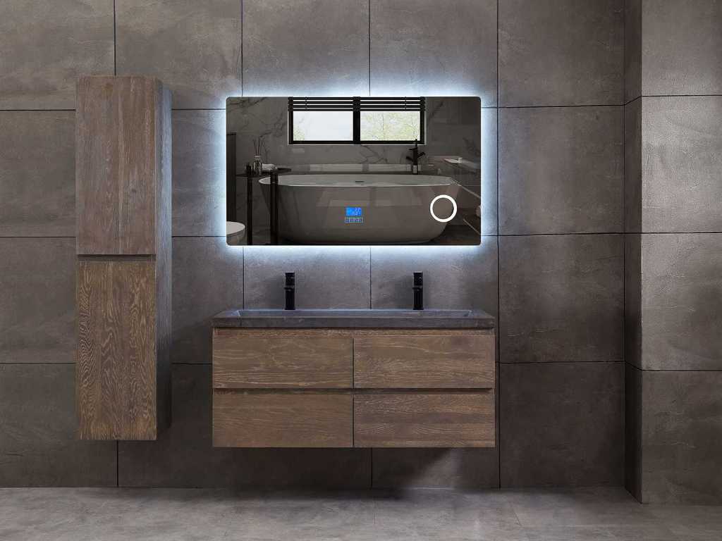 Meuble de salle de bain en chêne 2 personnes 120cm (3 couleurs disponibles) avec (meuble suspendu) et miroir LED Bluetooth et différentes combinaisons de lavabo