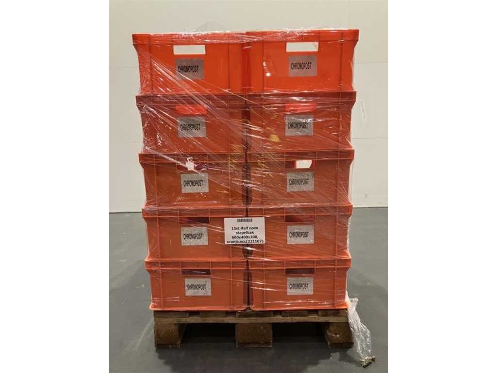 15pcs Half open stacking bin 600x400x200mm, orange, second-hand
