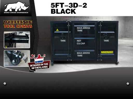 Rhino-Cross-Workbench 5ft-3D-2 Schwarze Werkbank 3 Schubladen 2 Türen