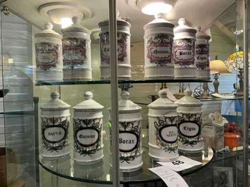 Bocaux de pharmacie anciens (11x) avec inscription
