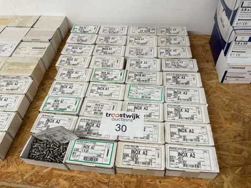 36 Kisten mit Edelstahlschrauben und Unterlegscheiben