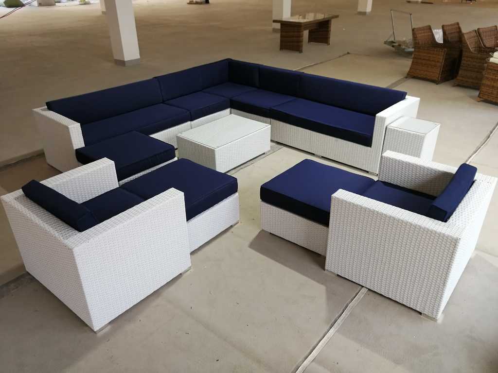 Lounge Set - 12-piece Wicker White / navy blue cushions
