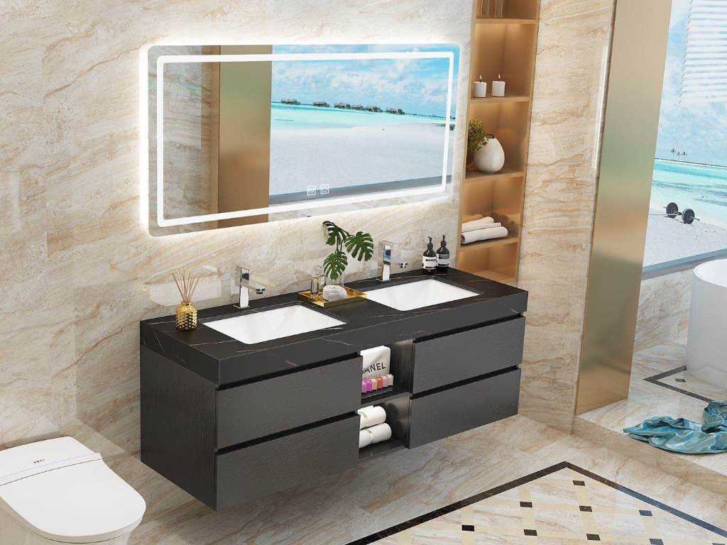 Meuble de salle de bain pour 2 personnes 150 cm décor bois foncé - Robinetterie incluse