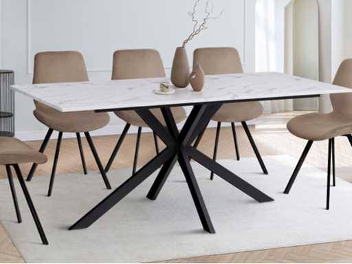 Dining table 160cm with white marble effect top and black crossed legs