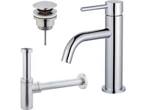Jeu de robinet de lavabo - robinet bas - bouchon d’évacuation à clic - siphon de conception - Chrome