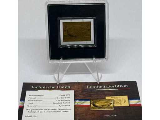 Or 999 (1/500 oz) – 3 000 francs CFA Insel Poel lingot commémoratif (République du Tchad), 16 × 22,4 mm.