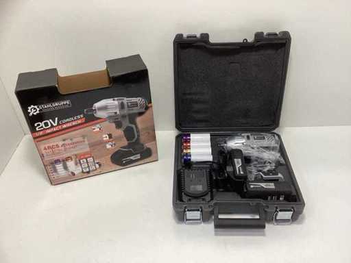 Stahlgruppe Bezprzewodowy klucz udarowy 20V – w tym 2x bateria 20V + ładowarka baterii + gniazda udarowe w etui