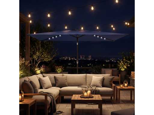 Garden Umbrella with 24 Solar LED Lights Tilting Canvas Metal Pole 2.9x2.5m Blue