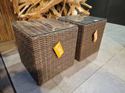 2 x Life Pouf/Table basse en osier brun avec dessus en verre trempé - OSIER HDPE 7 mm