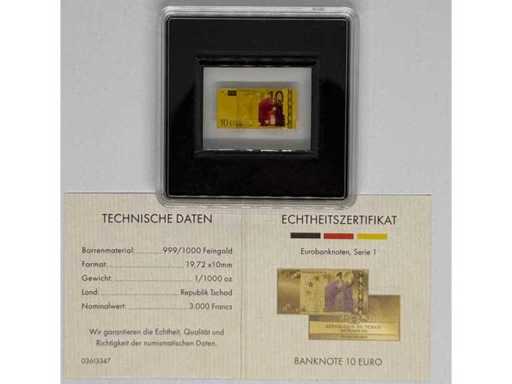 Or 999 (1/1000 oz) – Lingot miniature d’or de 10 euros (design série Euro, République du Tchad), 19,72 × 10 mm.