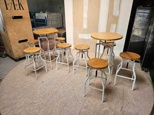 2 tables debout et 8 tabourets de bar blanc/bois