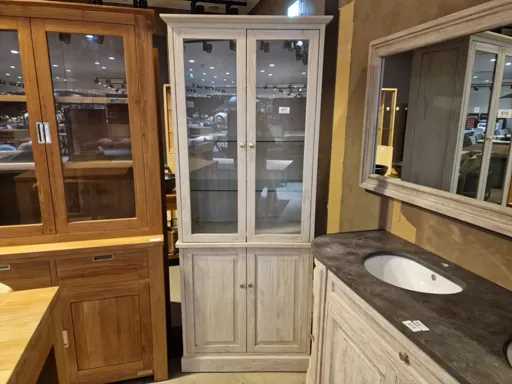 Armoire à colonnes en teck en teck, rétro gris, 2 portes + 2 portes en verre