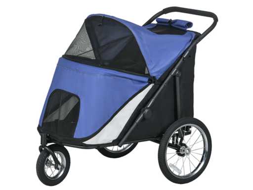 Dog stroller, foldable, opening awning, sleeping cushion, steel frame, Blue/Black
