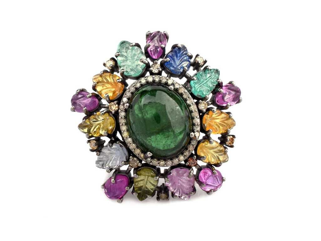 (Certified) Ring With Natural Tourmaline, Sapphire And Diamonds 10.48g 