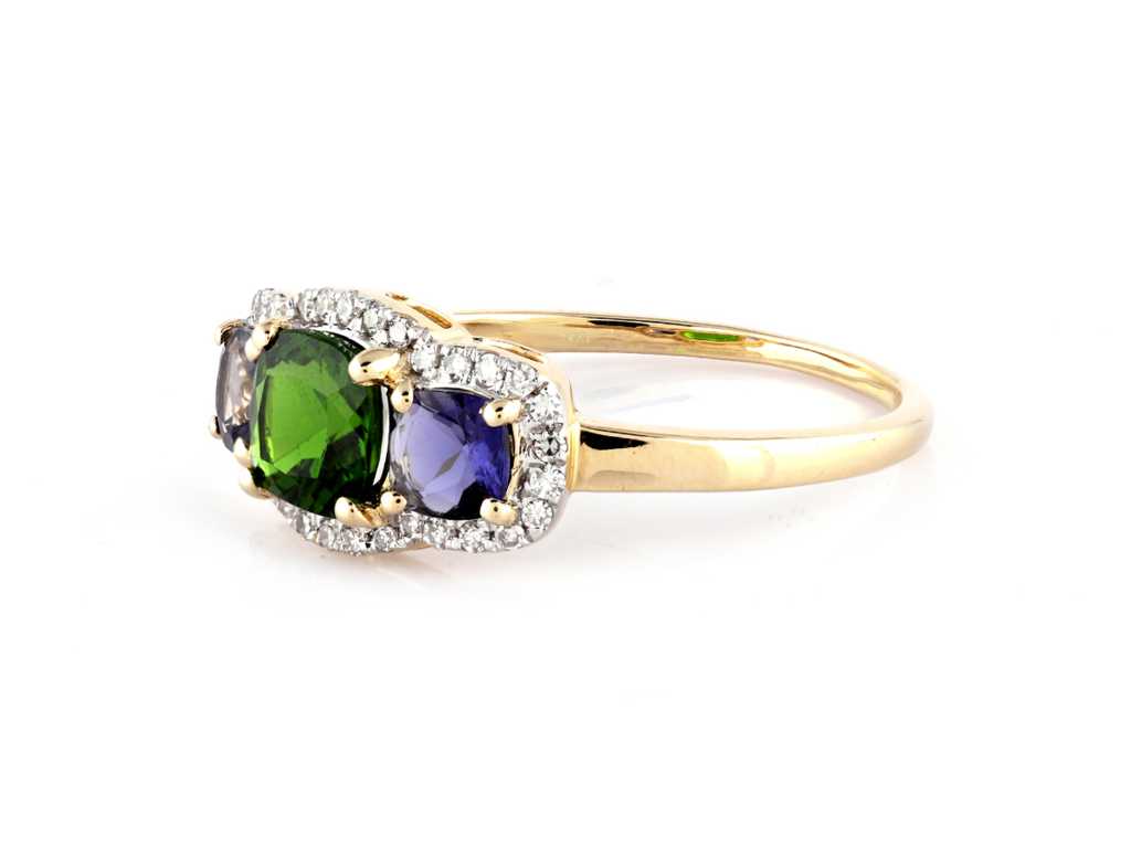 14 KT Yellow gold Ring with Natural Diamond and Chrome Diopside with Iolite