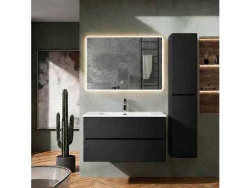 Ensemble de meubles de salle de bain 100 cm Meuble de base Lavabo Colonne miroir LED Armoire Noir mat