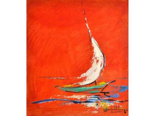 John Schuddeboom - Zeilboot bij Avondrood - Acryl op paneel 