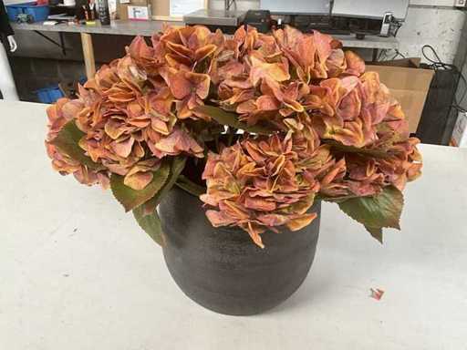 12x kunstbloem Hydrangea stem coral 47cm met pot
