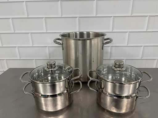 Oale de gătit din oțel inoxidabil, inclusiv 2 tăvi cu abur (3x)