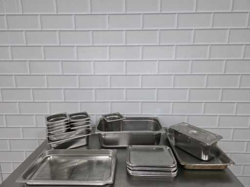 Batch of stainless steel Gastronorm trays and trays