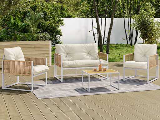 Salon de jardin - 4 places en métal blanc et cordage