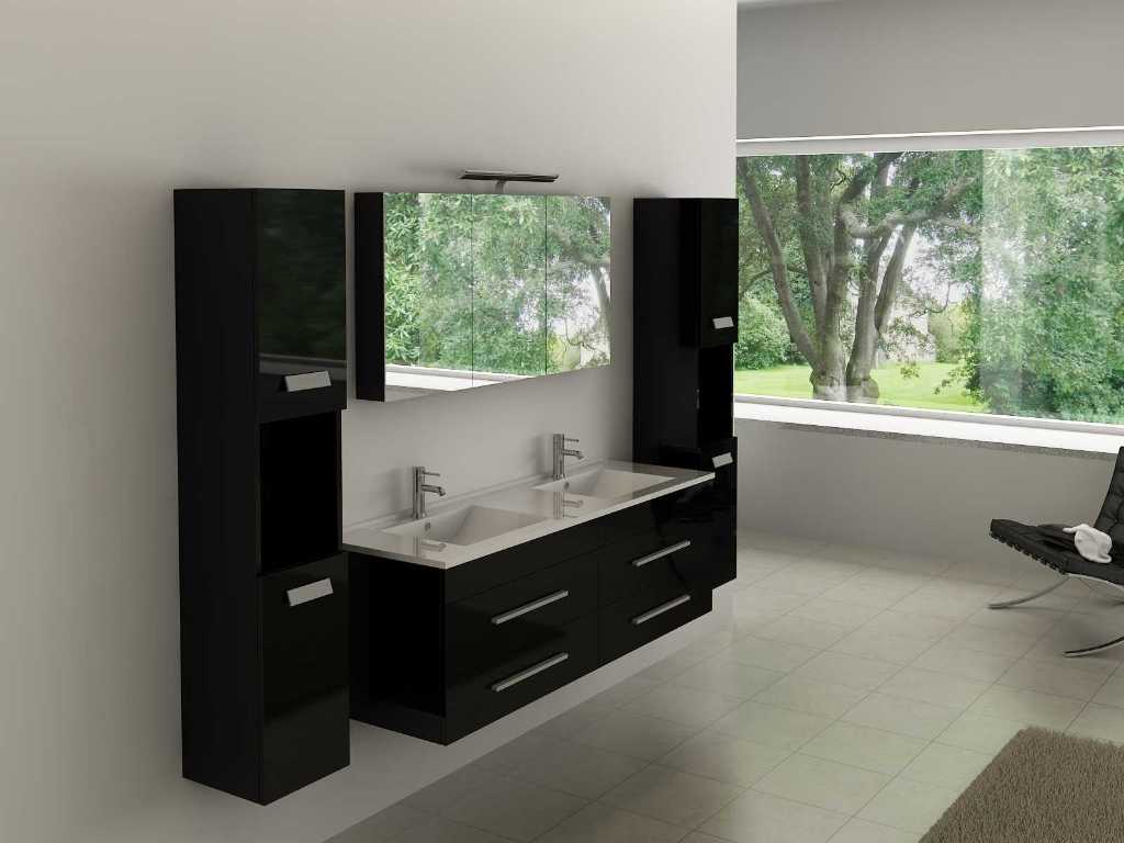 Meuble de salle de bain pour 2 personnes 150 cm noir brillant - Robinetterie incluse