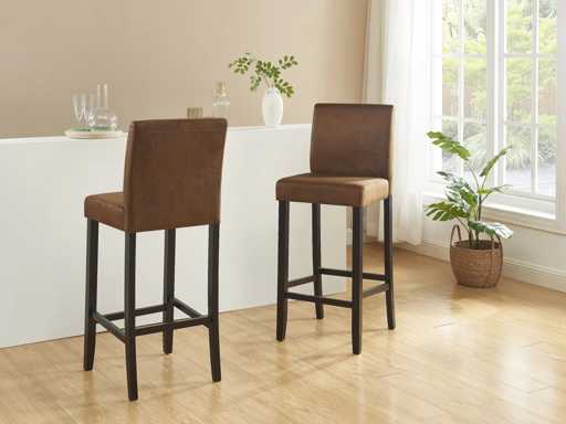 Lot de 2 tabourets de bar - Microfibre aspect cuir vieilli - Pieds bois foncé
