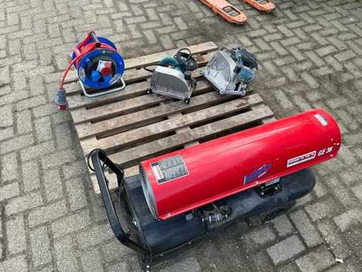 Overige gereedschappen. 2xsteen-/betonzaagmachine, 1x heater (diesel), 1x De Brennenstuhl kabelhaspel 25 m (4x)