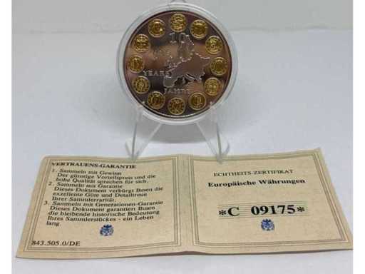 Cuivre argenté avec plaquage partiel or – 10 ans de pièce commémorative en euros, diamètre de 40 mm.