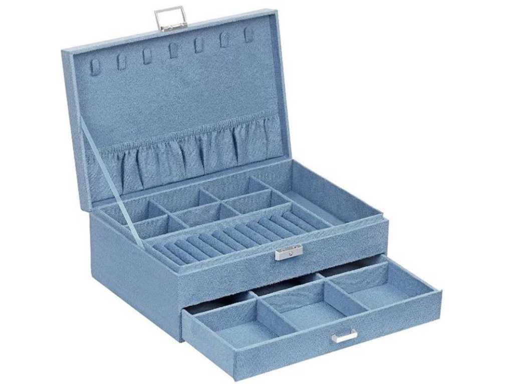 MIRA Home - Boîte à bijoux - Rangement pour bijoux - Bleu clair - Daim - ?27x10.5x18.5cm