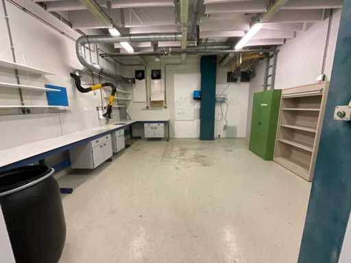 Work table, various cabinets, extraction system