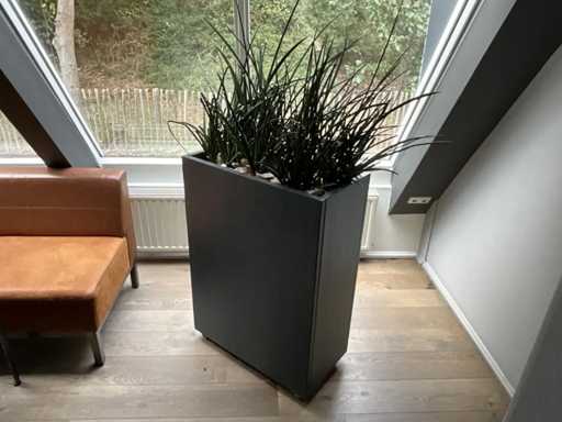 Mobiles Pflanzgefäß aus Holz mit Inhalt