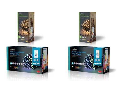 Nedis Christmas Lights - Compact cluster - 560 LEDs - Warm White - 11.2 m - Light effects: 7 - Indoor & Outdoor - Mains power + Nedis SmartLife Christmas lights - Cord - Wi-Fi - RGB - 168 LEDs - 20.0 m - Android / IOS