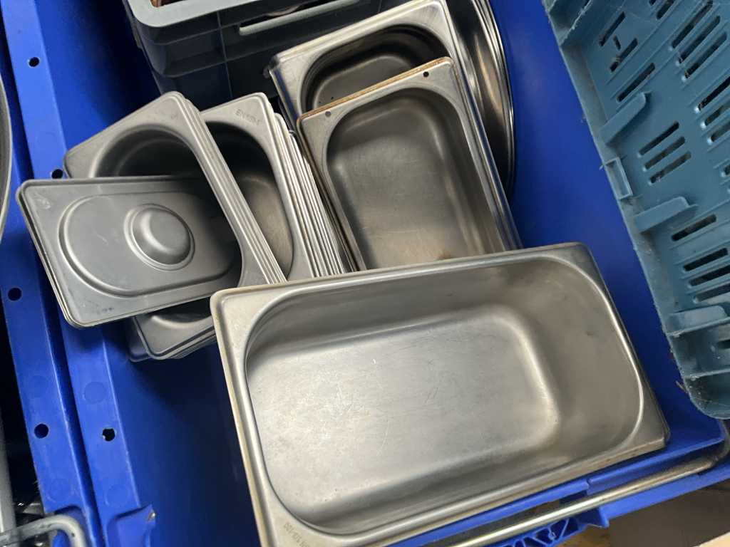 Approx. 27 various stainless steel gastronorm containers and 5 colander bowls