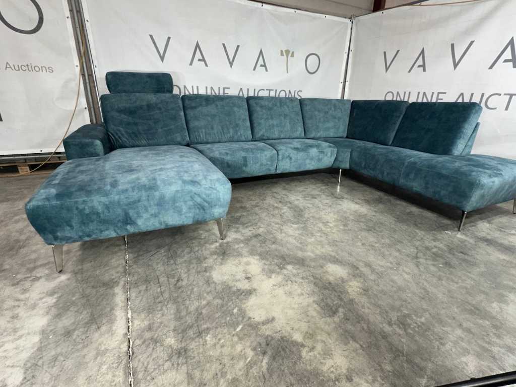 Hjort Knudsen - U-shaped sofa with lounge and open island, petrol velvet, chrome legs