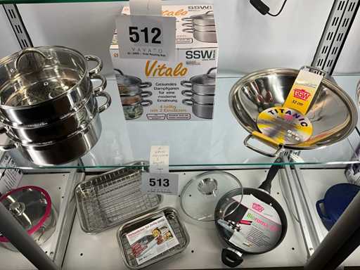 4 delige stomer,  wok,2 rechthoekige ovenschotels,1 x hoge sauteuse met deksel