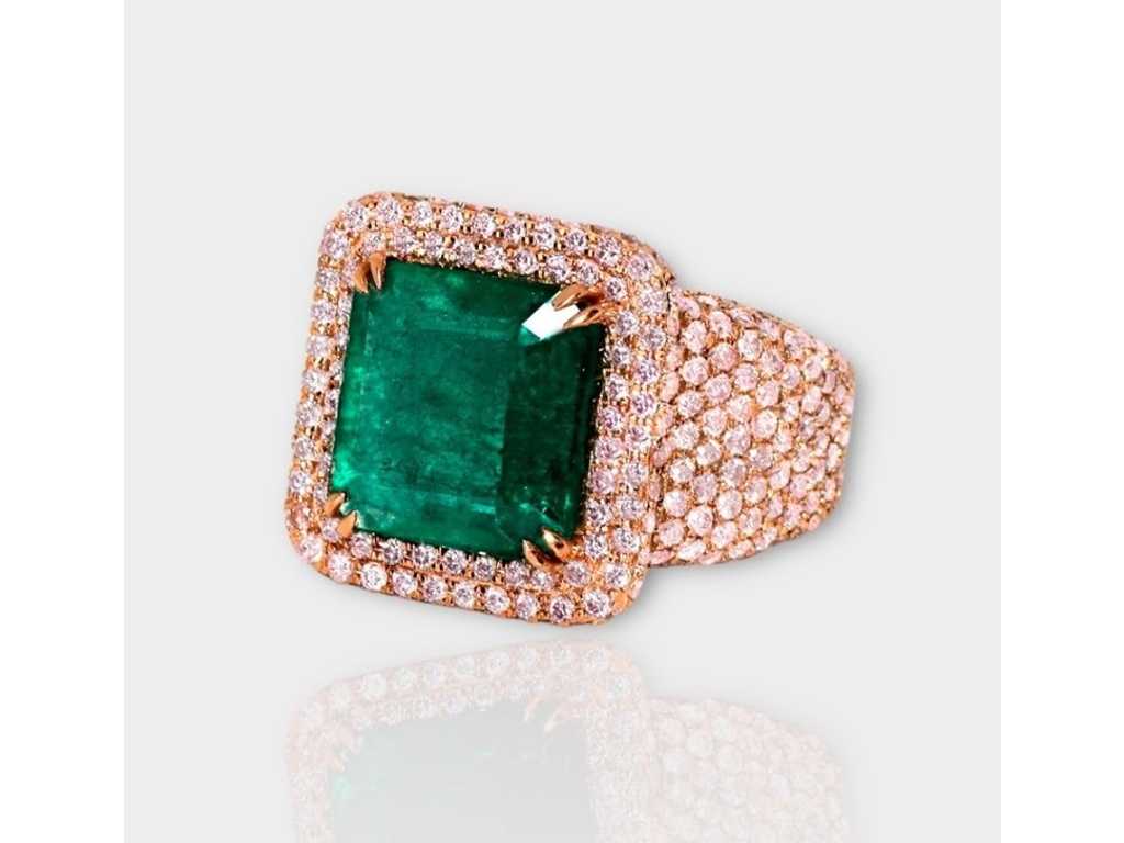 High Jewelry Ring in Natural Bluish Green Emerald with Natural Pink Diamonds 8.18 carat in 18k pink gold