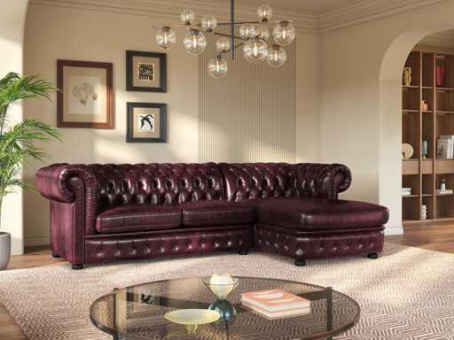 Chesterfield hoekbank 100% buffelleer - Bordeaux - Rechte hoek
